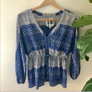 Anthropologie 100% Silk Blue & White Button Blouse